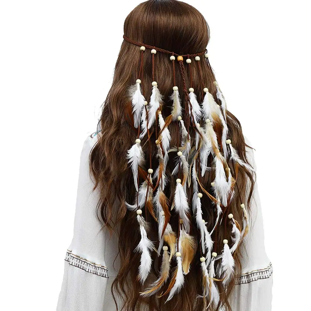 

Indian Gypsy Headband Bohemian Feather Hairband with White and Brown Feather Tassel Hemp Rope for Festival Masquerades Carniva