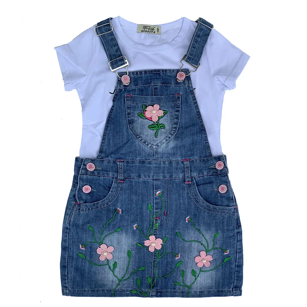 4-7T Summer Children Kids Little Girls t Shirt and Thin Romper Skirts Denim Skirt Jeans Cotton Denim Bib Shorts Rompers