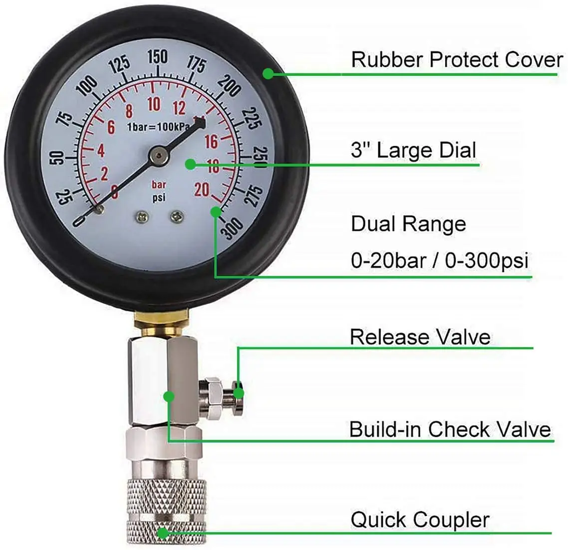 Gasoline Engine Compression Tester Auto Petrol Gas Engine Cylinder Automobile Pressure Gauge Tester with M10 M12 M14 M18 Adapter