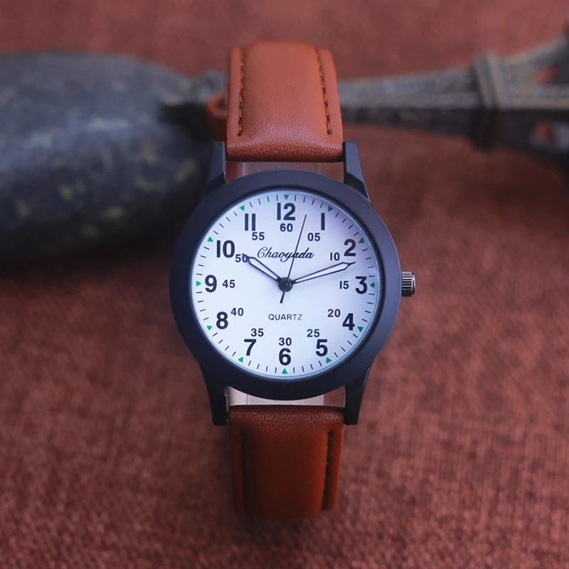 Chaoyada Fashion Mannen Jongens Lederen Band 24 Uur Quartz Horloge Studenten Kids Leren Tijd Hoge Kwaliteit Elektrische Horloges