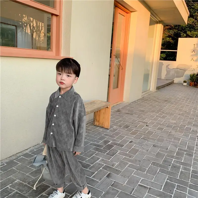 Fashion Boys Spring Autumn Corduroy 2Piece Clothes Suits 3-8Yrs Black Brown Grey Color Korean Suits Clothes 2 Pcs Set Shirt