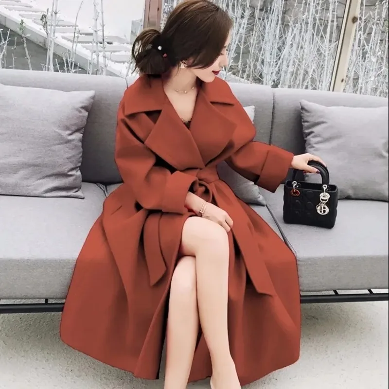 

Korean Fashion Women Black Long Woolen Cloth Coat Autumn Winter Clothes Jacket Belt Overcoat Split Hem Femme Outerwear New