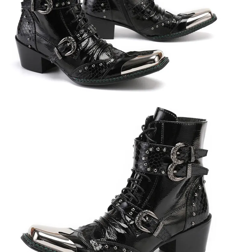Men's Cowhide Serpentine Print Metal Decor Pointed Toe Belt High‑Heel Short Boots Western Cowboy Boots For Stage Show Party