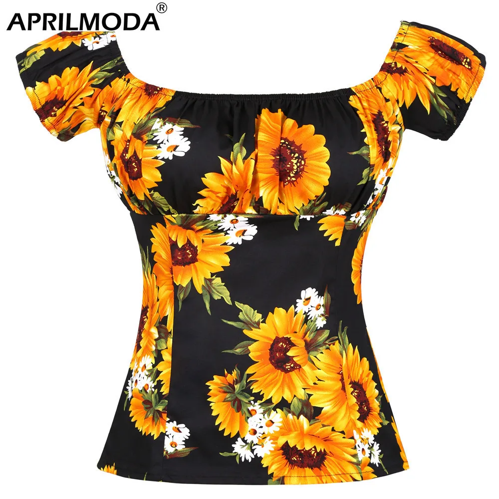 Sunflower Print Women Vintage Tops Slash Neck Puff Sleeve 50s Retro Elegant Black T Shirt Cotton Slim Fit Summer Rock Clothing