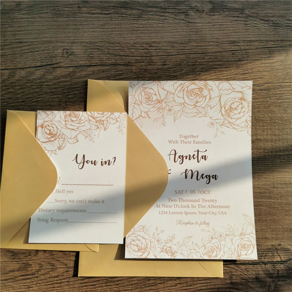 50pcs/set  free envelop and free seal Gold floral decorated  invitation optional liner