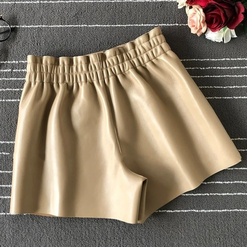 Genuine 100% Leather Sheepskin Short Skirts Women Street Buttons Elastic Waist Skirts Shorts Leisure Khaki A-Line Wrap Skirts