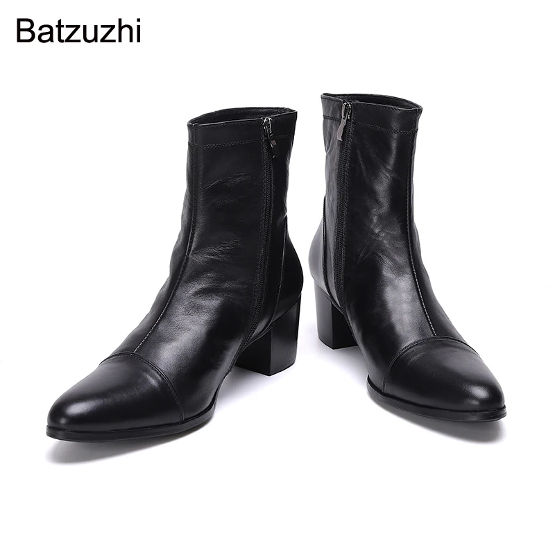 Batzuzhi Handsome Men Boots 7cm High Heels Genuine Boots Men Black