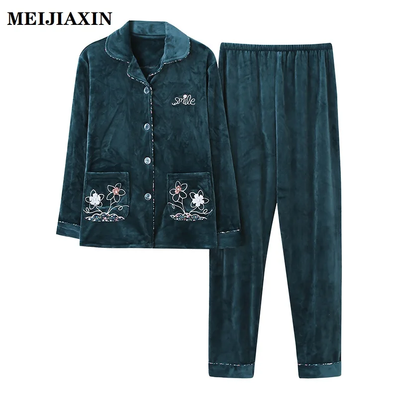 Winter Thick Warm Women Flannel Pajamas Floral Sleepwear Suit Long Sleeve Turn-down Collar Loose Soft Female Homewear