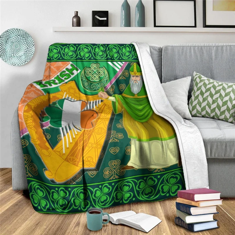 Saint Patrick with Shamrock and Traditional Harp Flannel Blanket 3D Kids Quilt Home Life Travel Airplane Portable Throw Blanket image 3
