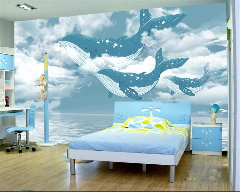 Customized Size Mural Cartoon Blue Sky White Cloud Wallpaper Children's Room Whale Blue Sky Decoration Painting 3d wallpaper