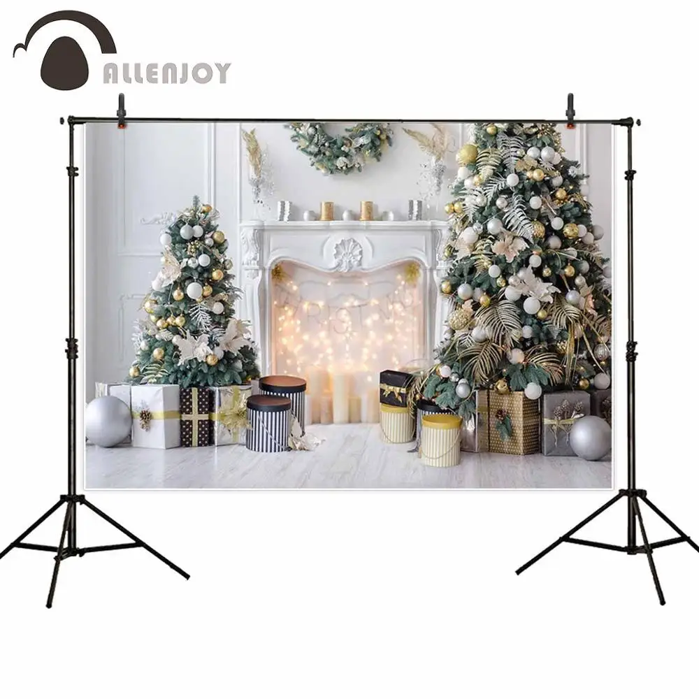 Allenjoy White Wall Backdrops Fireplace Gifts Candles Christmas Trees  Event Photography Background Festival New Year Decor