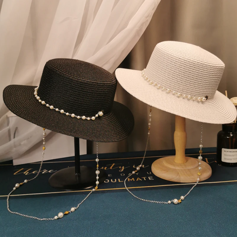 2022 New summer hats for women wide brim pearl sun hats straw hats raffia straw visor caps pearl beach hat