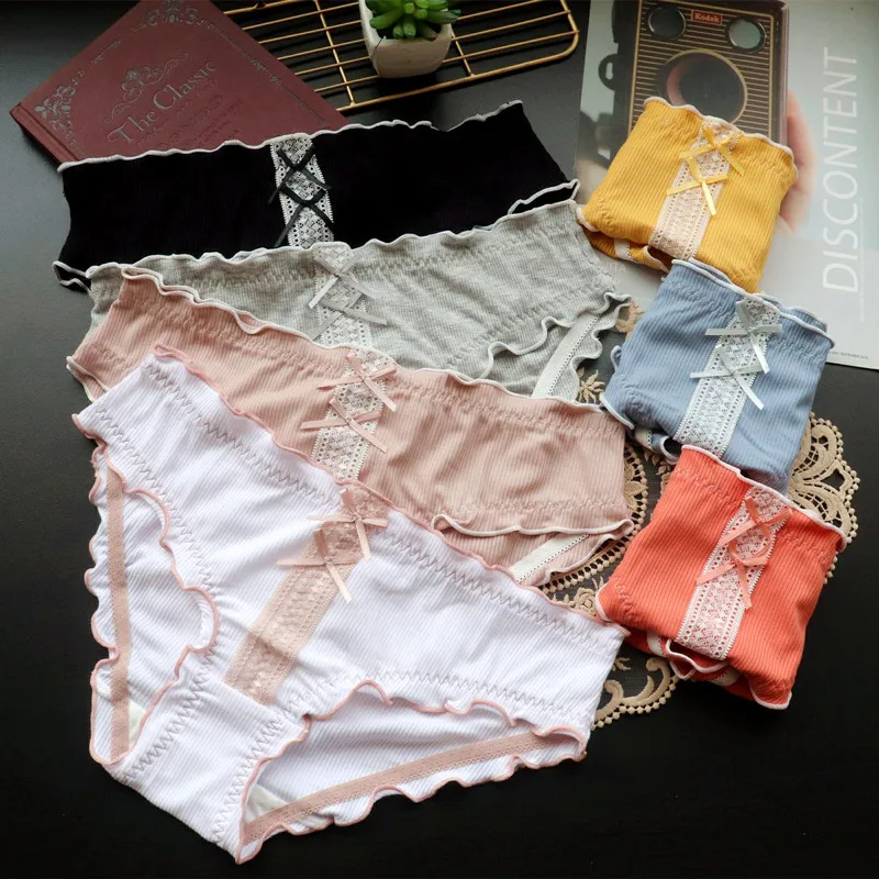 Bow-Knot Ribbed Cotton Women's Panties Sexy Lace Edge Lady Knickers Seamless Antibacterial Cotton Crotch Female Briefs