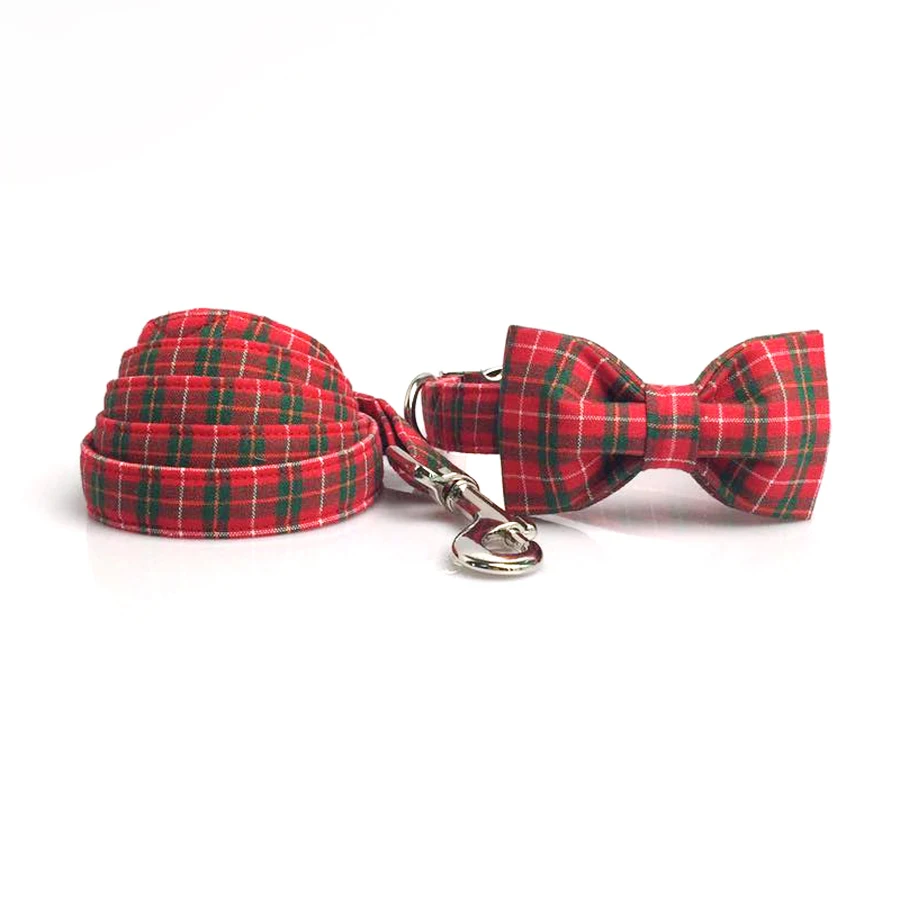 

Dog Collar with Bow Tie Christmas Red Plaid Metal Buckle Big and Small Dog Cat Necklace and Dog Collar Leash Set Pet Accessories