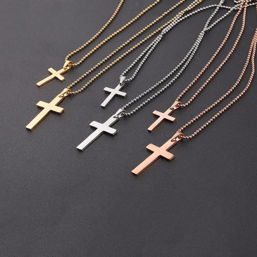 

10pcs 50cm Mirror Polished Stainless Steel Cross Necklace Round Bead Chain Pendant Metal Trendy jewelry