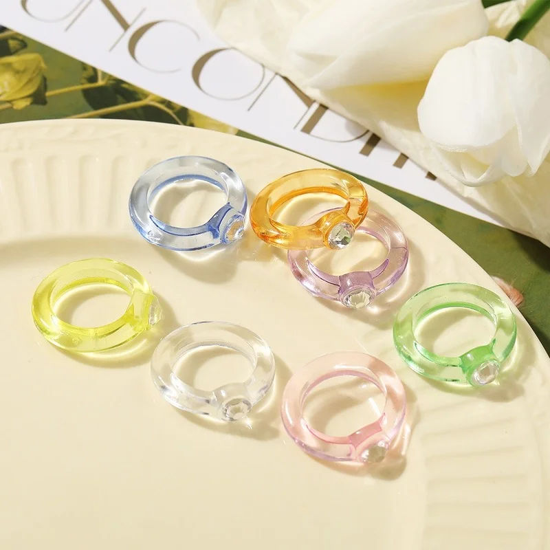 2024 Woman Rings Korean Fashion Gothic Accessories Jelly Color Diamond Resin Vintage Index Finger Ring Jewelry Anillos Mujer