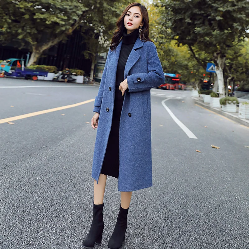 HANZANGL Autumn winter plus size woolen coat women long section Double Breasted Turn-down Collar blue ladies wool coats overcoat