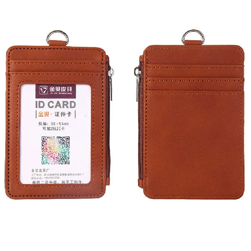 PU Leather ID Badge Holder with Zipper Porte Bus Pass Case Cover Slip Men Women\'s Bank Credit Card Holder with Polyester Lanyard