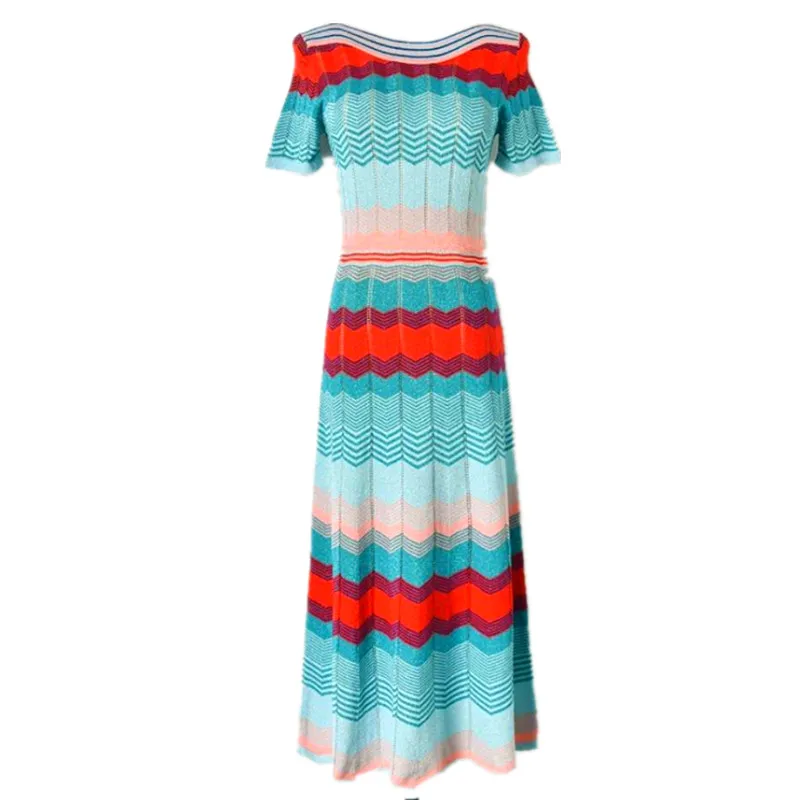 

2021 Summer Hollow Out Striped Dress Women Elegant Knitted Femme Short Sleeve