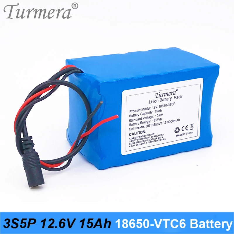 Turmera 12V 15Ah 3S5P VTC6 3000mAh battery with 40A BMS for uninterrupted power supply 12V Rechargeable Lithium Battery Pack Use