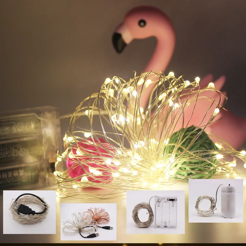 5/10m led luzes da corda prata/fio de cobre guirlanda alimentado por 5v bateria usb luz de fadas casa natal festa de casamento decoração