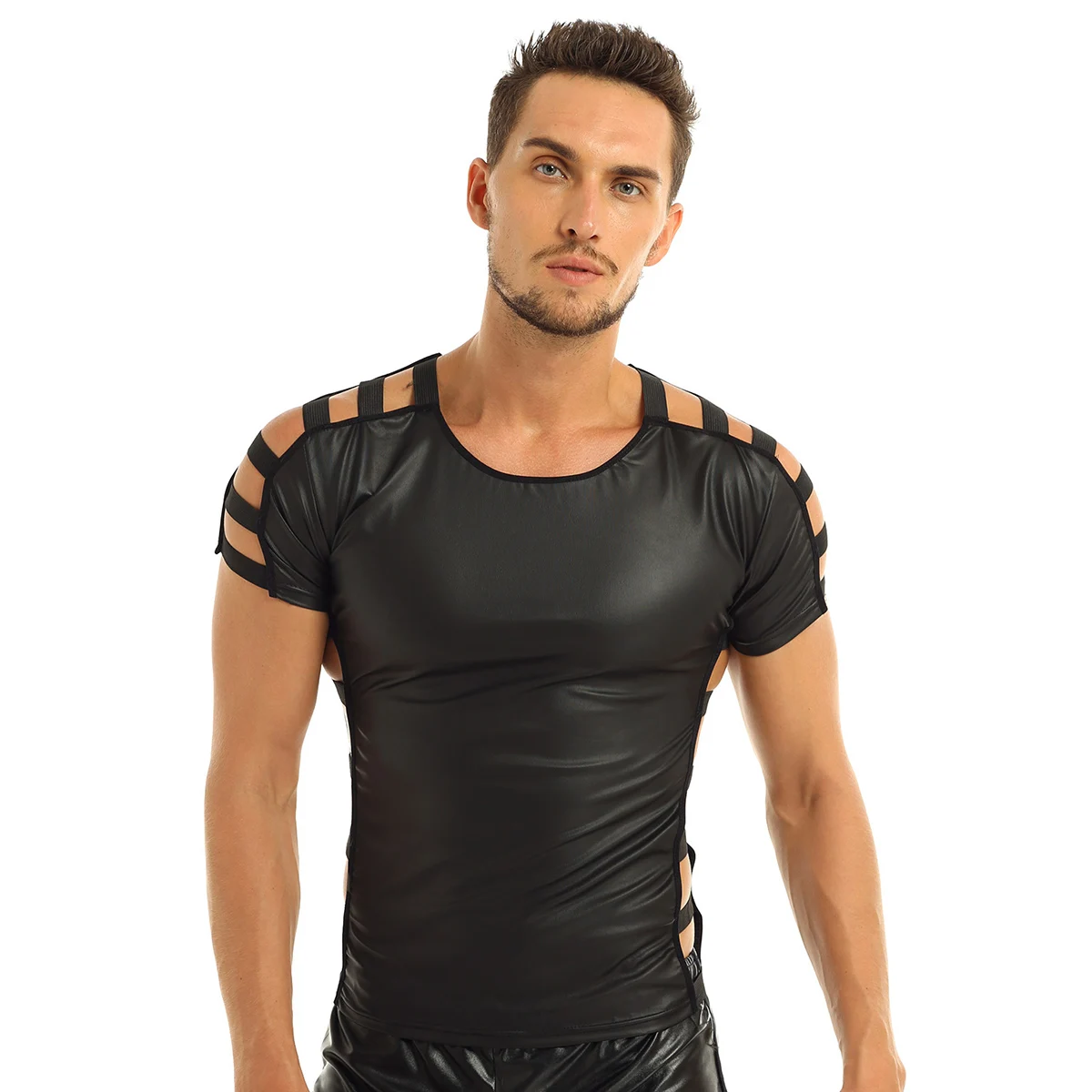 Mens Latex Pullover Muscle T-shirt Faux Leather Nightclub Costume Cut Out Elastic Band Sexy Solid Party Club Dance Tees Top