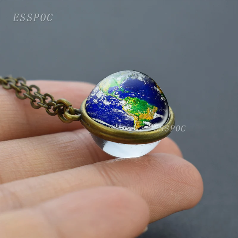 New Arrivals Charm Double Sided Necklace Planet Earth World Map Pendant Glass Ball Necklace for Women Men