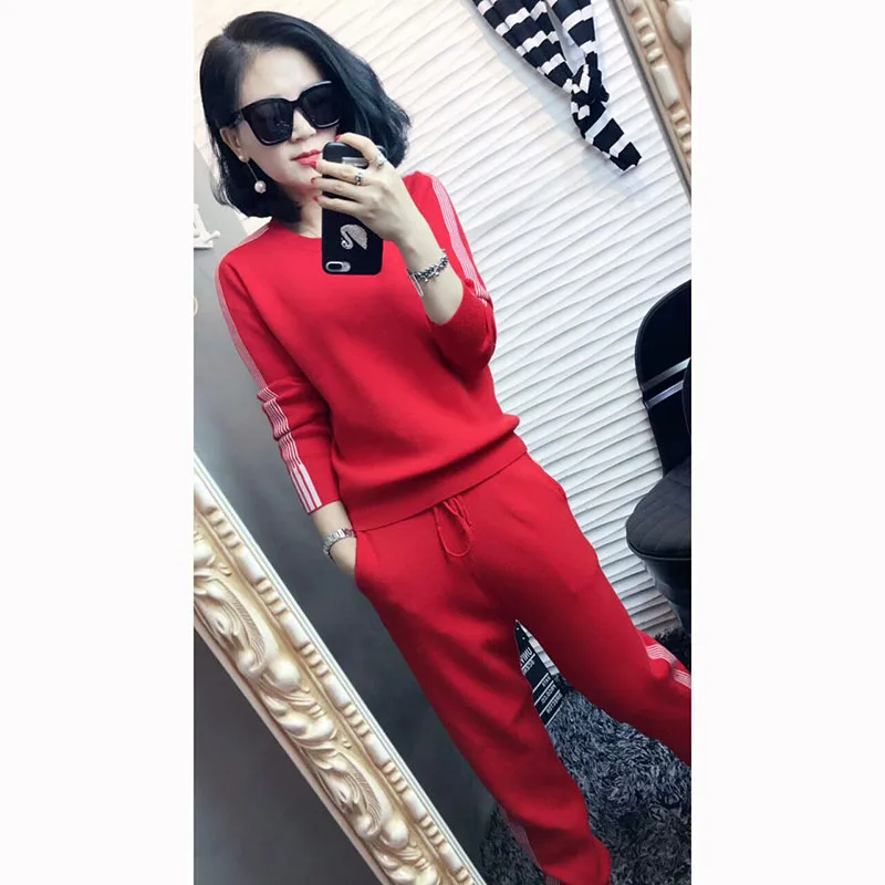 Fall New Sweaters Knitted Sports Suit Long-Sleeved Women's Round Neck Casual Trousers Two Pieces Sweatpants Fashion Trend s1332