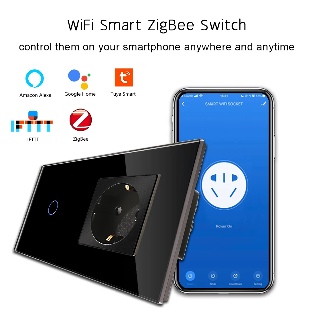 Imagem -03 - Bingoelec-interruptores Zigbee Touch com Tomada de Parede Padrão da ue Interruptor de Luz Inteligente Controle Google Alexa App Gang Gang 3gang