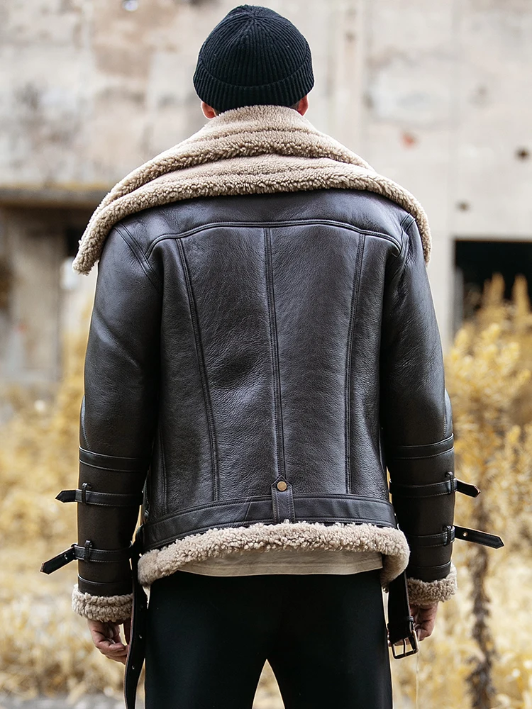 Natural Sheepskin Leather Fur In One Mens Shearling Coat Genuine Leather Short Motorcycle Jacket Double-Layer Collar Flight Suit