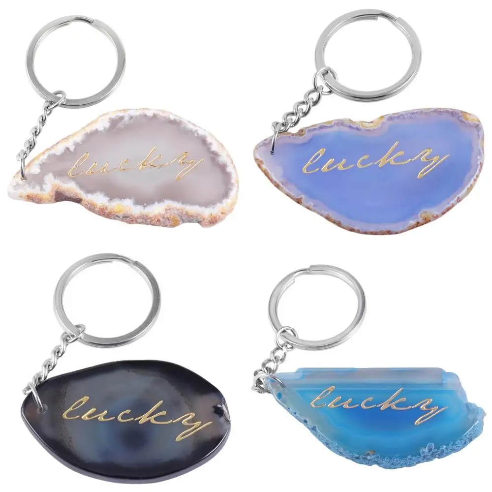 

Irregular Colorful Agate Slices Keychains For Women Men Lucky Pendant Car-Bag Stainless Steel Keyring Jewelry Birthday Gift