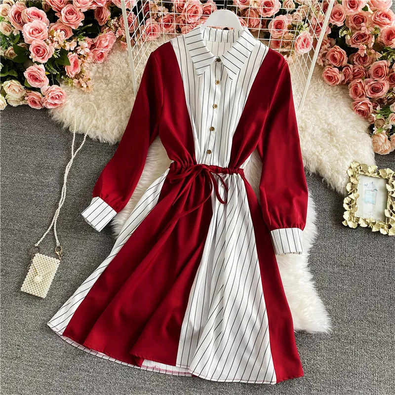 Frühling Herbst Luxus Hohe Taille Vintage Party 2022 Hemd Kleid Langarm Elegante A-Line Boho Kleider Frauen Gestreiften Patchwork