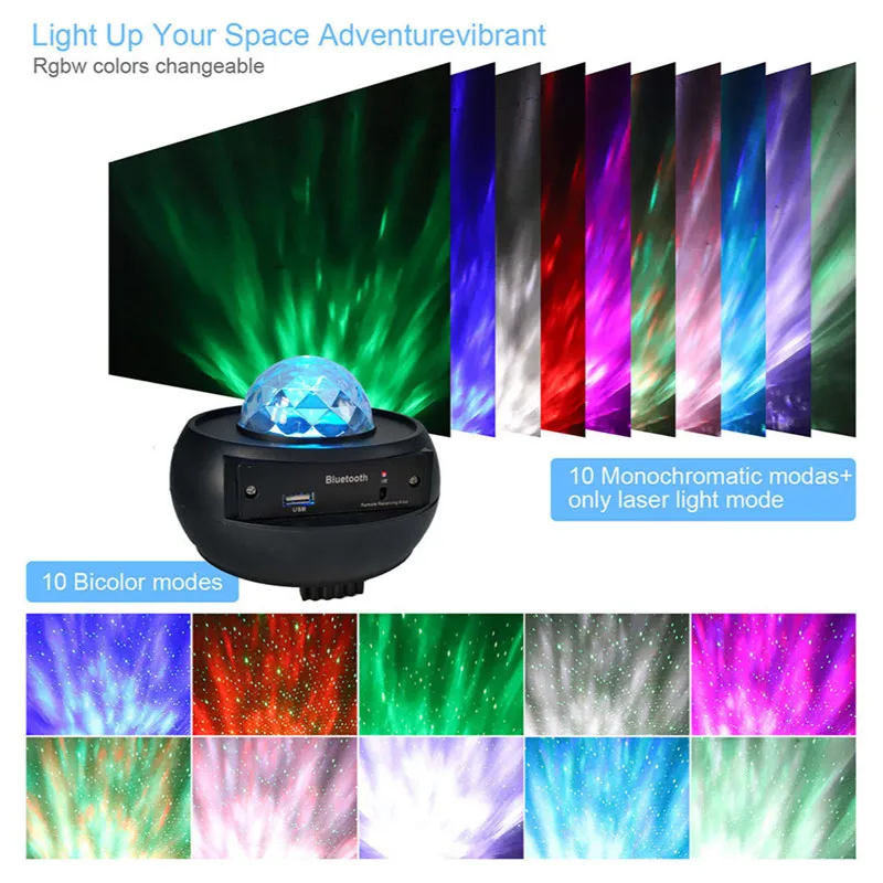 USB LED Star Night Light Bluetooth Projector Music Starry Water Wave Laser Projector Light Sound-Activated Projector Light Decor