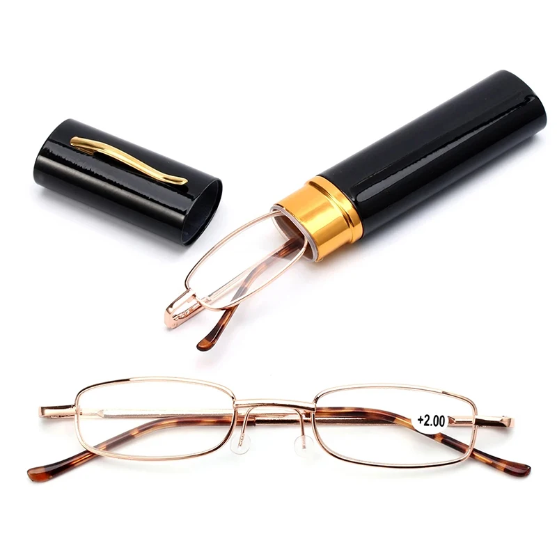 

Mini Portable Reading Glasses With Tube Case Men Women Ultralight Presbyopic Glasses Metal Frame +150 +200 +250