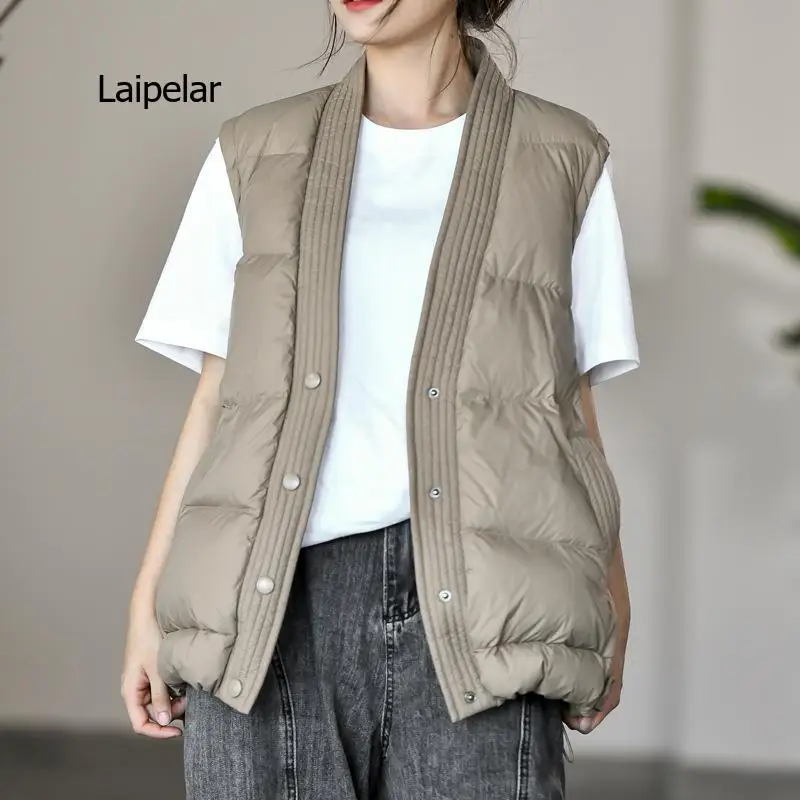 Winter V-neck lightweight Down Vest Women white duck down lightweight Down Vest Women High-quality Fashion simple Down jacket