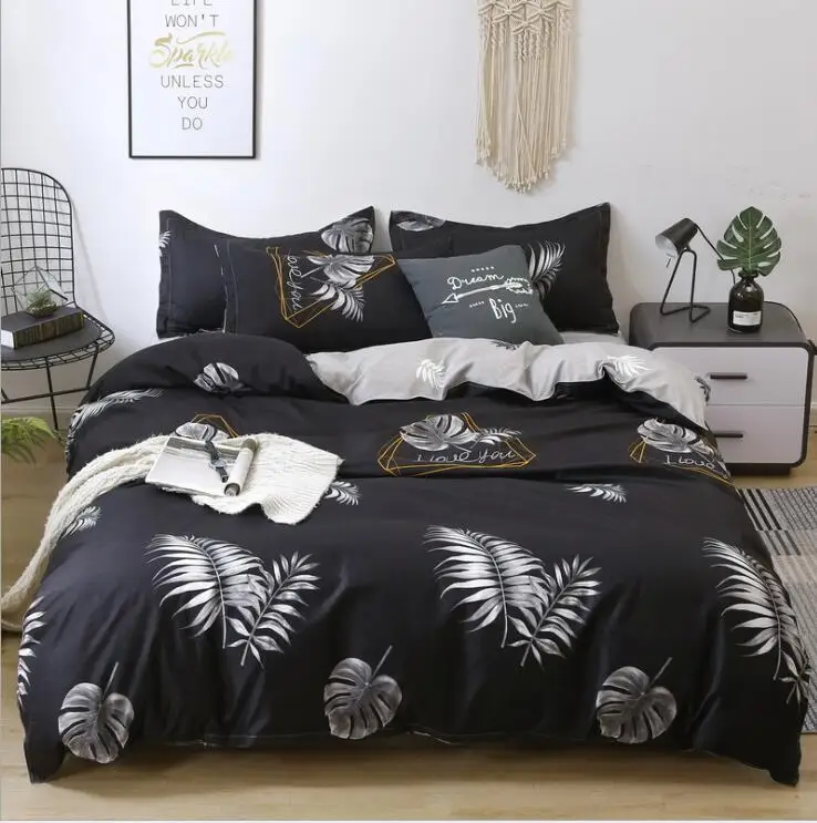 

4pcs set Fashion bedding set AB double-sided pattern Simple Bedclothes Duvet Cover Flat Sheet Pillowcases Bed four piece suit