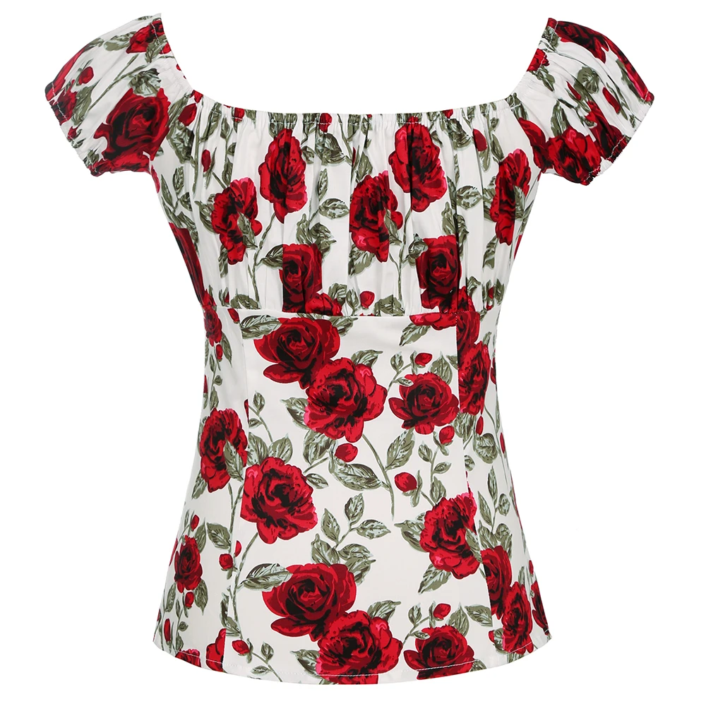 2023 Rose Red Floral Print Vintage 50s Pinup Short Sleeve Shirt In White Retro Pin Up Retro Cosplay Costume Party Shirts Tops