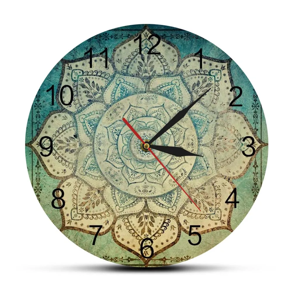 Verblasste indische Mandala-Blumenmuster, bedruckte Wanduhr, Vintage-Stil, böhmisches Mandala, Heimdekoration, geräuschlose, nicht tickende Uhr, Wanduhr