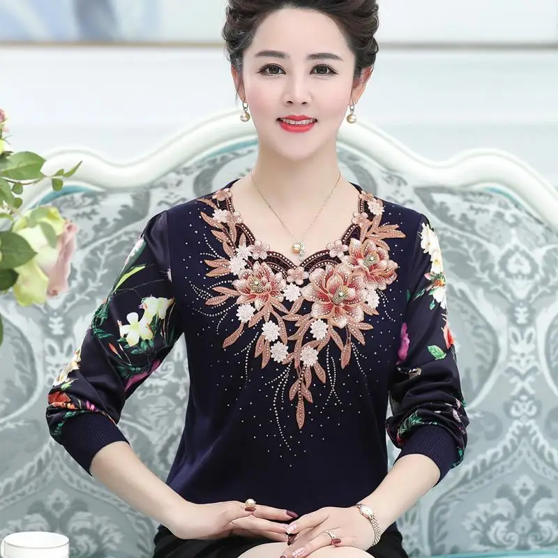 Middle-aged Elderly Women\'s Spring Thin Knitted Tops High Quality Embroidery Pullover Splicing Chiffon Sleeve Mother Jumper 5XL