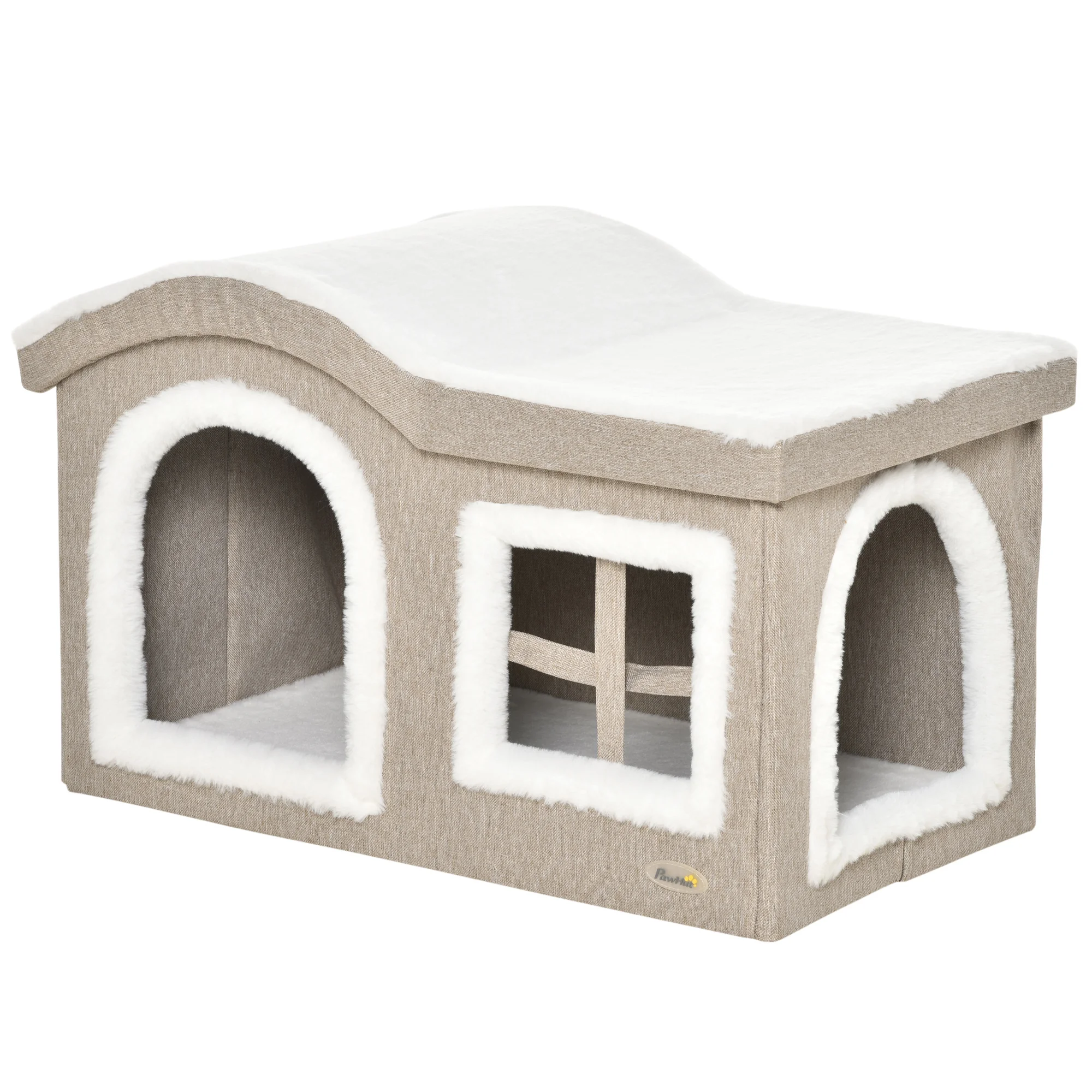 PawHut Cat House Foldable Indoor Large Cat Cave with Lid Removable Cushions 2 entrances and Window Cat Stool 63,5x37x40 cm Beige