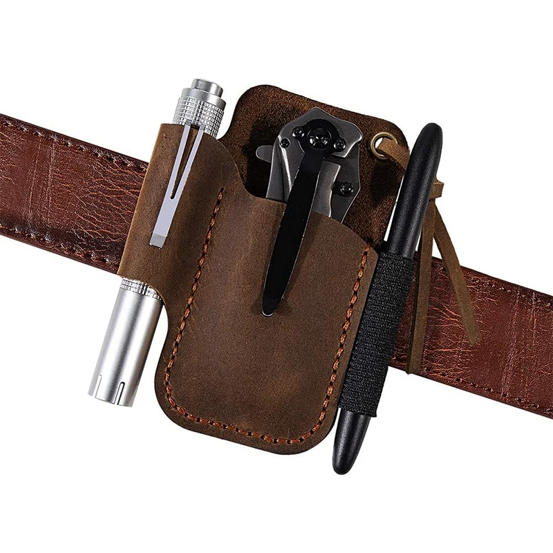 Handmade Leather Sheath Folding Knife Flashlight Holder EDC Tool