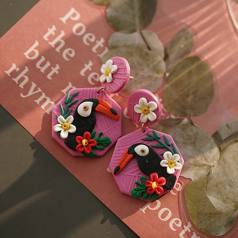 Fun Summer Vacation Party Holiday Toucans Parrot Floral Jungle Bright Colors Big Size Gifts Polymer Clay Dangle Earrings Sets