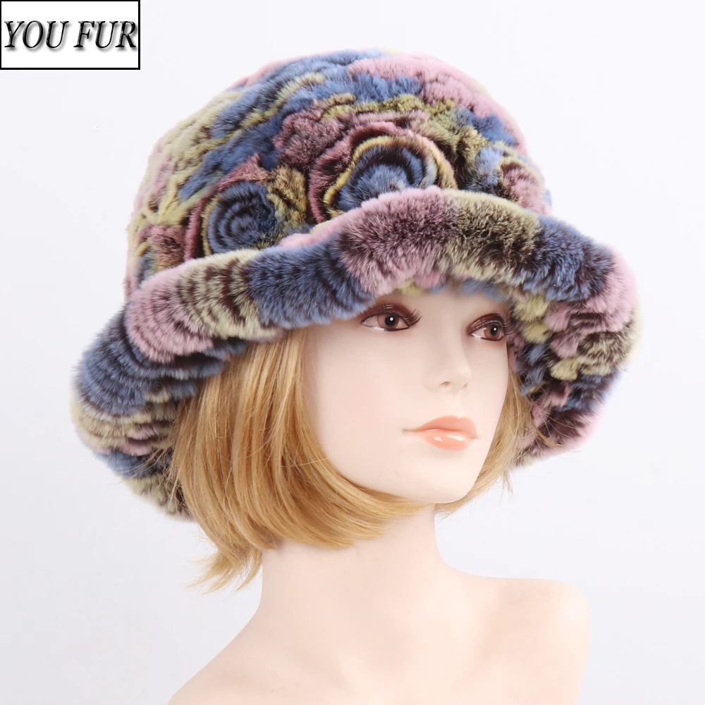 

Female Natural Knitted Real Rex Rabbit Fur Cap Winter Warm Genuine Fur Beanies Hats Russian Women Floral Striped Real Fur Caps