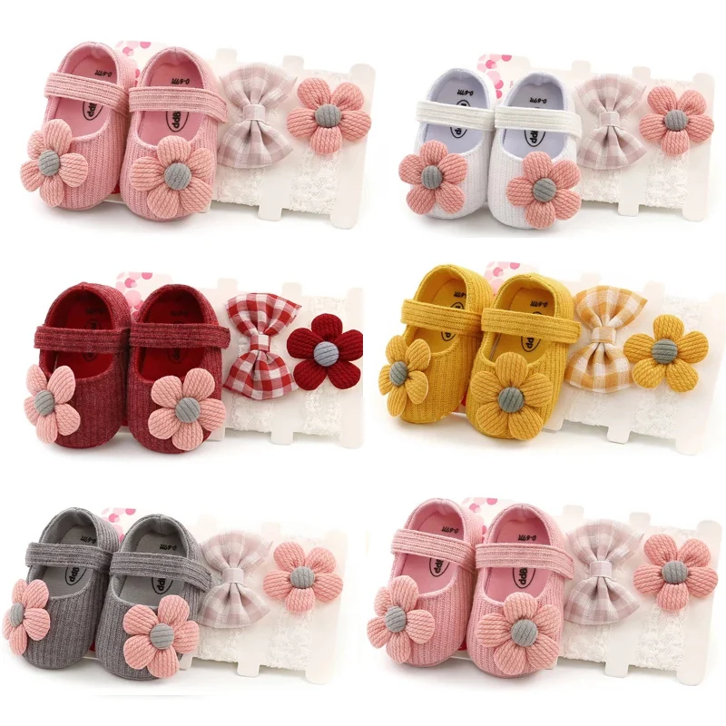 

0-18M Cute Newborn Baby Crib Shoes Toddler Girls Cotton Flowers Hook Soft Cork Baby Shoes +Headband 6 Colors
