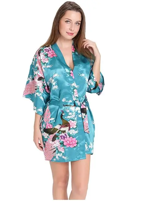Bata de baño de seda satinada para boda, kimono corto de dama de honor de la novia, a la moda, estilo floral, para noche de mujer