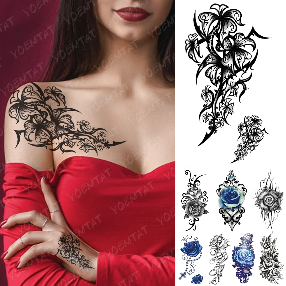 

Waterproof Temporary Tattoo Sticker Totem Lily Blue Rose Tattoos Flower Rosary Body Art Arm Fake Sleeve Tatoo Women Men