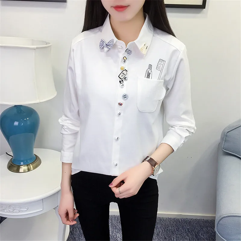 

MUMUZI preppy style cotton cartoon blouse mori girl white and light blue cute shirts japanese autumn and winter patches tops