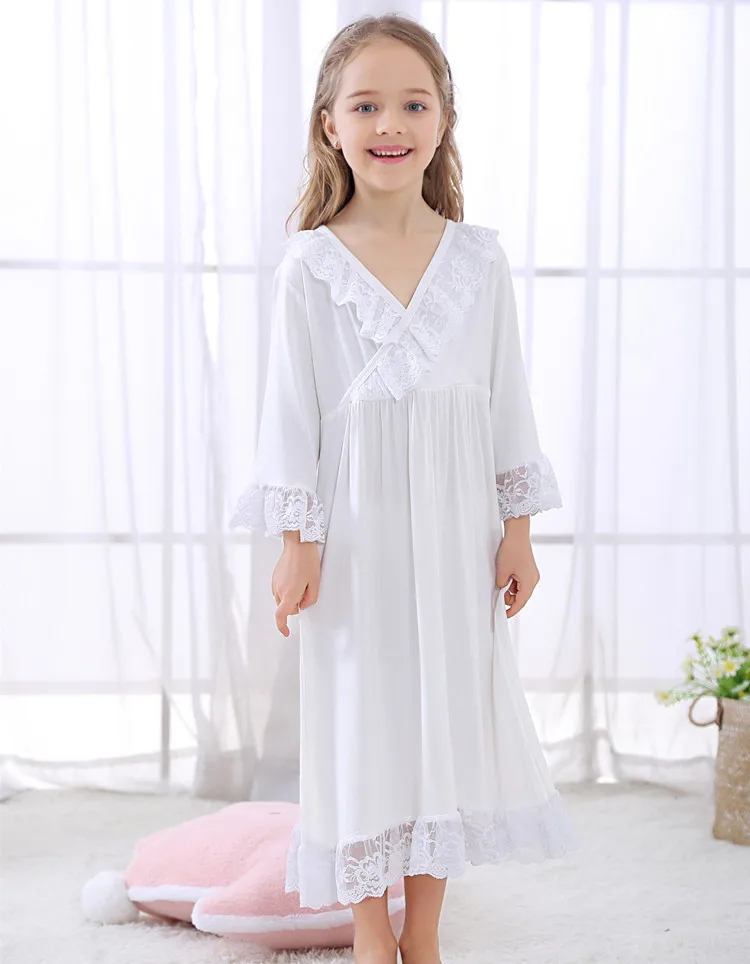 Girls Knitted Pure Cotton Lace GIRL'S Romantic French Palace Princess Nightgown Pajamas  soft Night Dress  Girls Princess Night