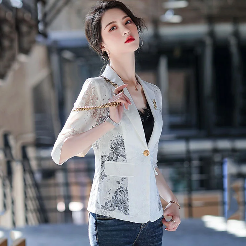 Women's Blazer Jacket Korean 2024 Spring Summer New Slim Lace printing Small Suit Jackets  Ladies Elegant Thin Blazers Women Coa