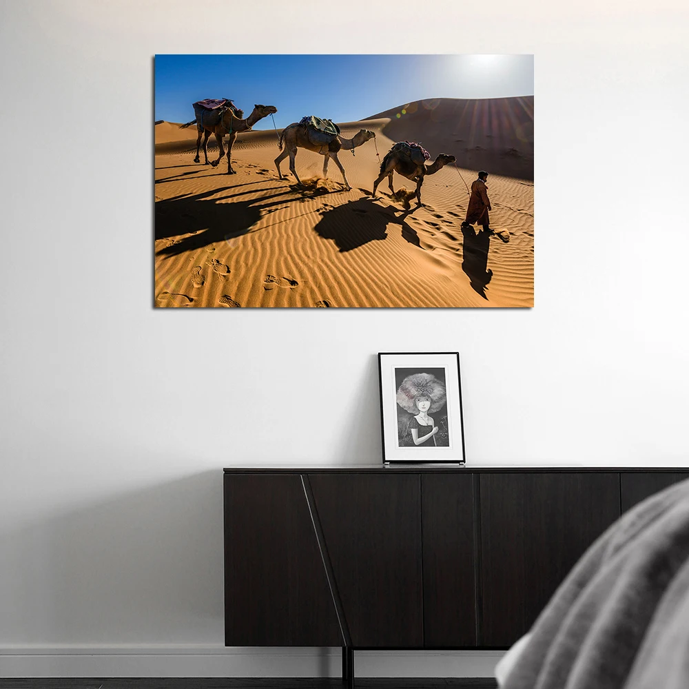 1 Piece Canvas Painting Camels in Sahara Desert Morocco Landscape Poster Wall Art Picture for Living Room Bedroom Decor